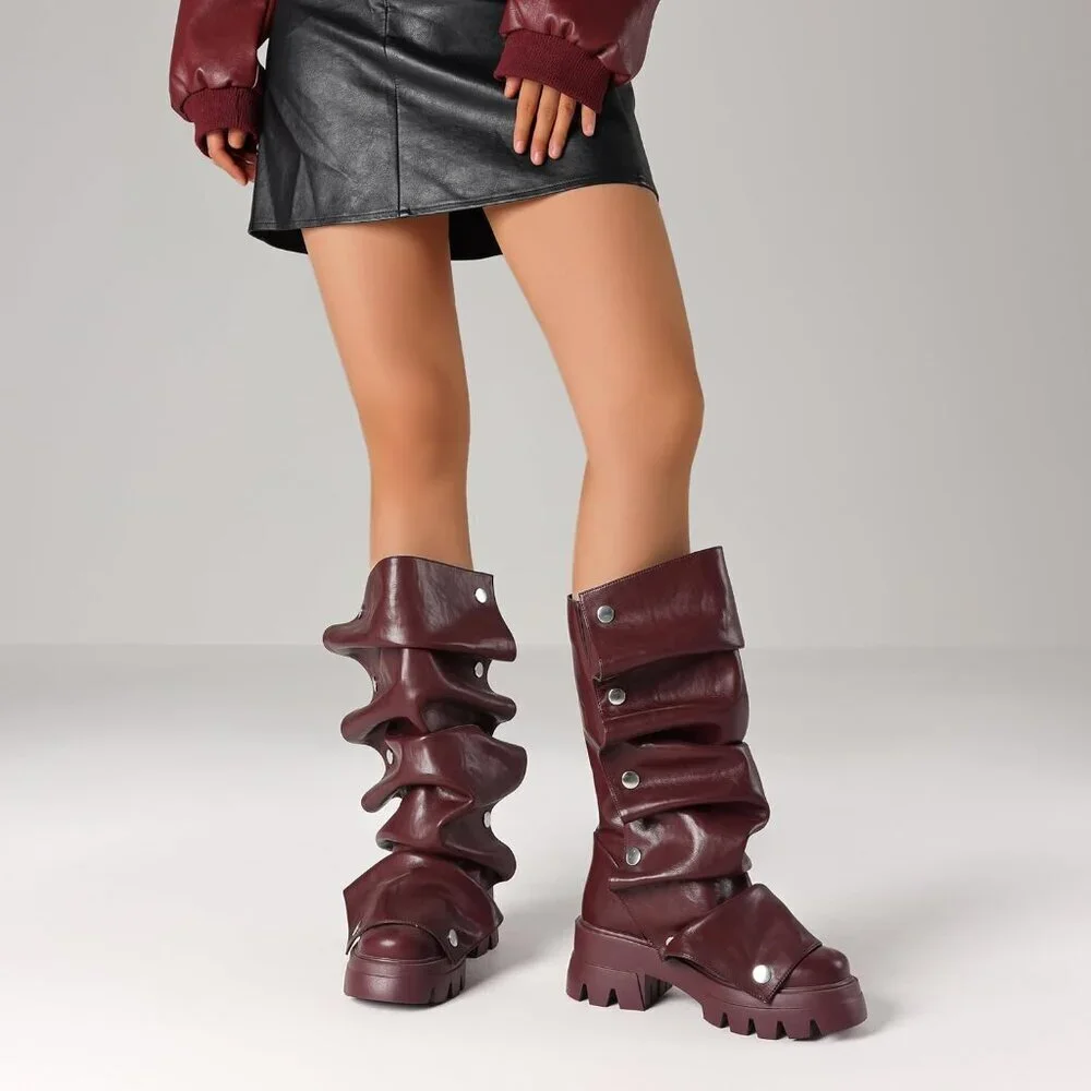 Women's Burgundy Pu Fold Over Knee Slouchy Ruched Stacked Heel Round Toe Boots